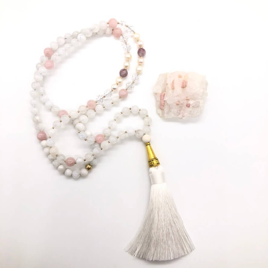 real moonstone necklace with rose tourmaline crystal
